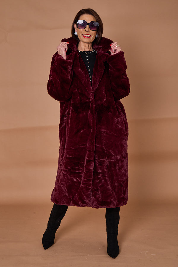 Toronto faux fur long coat in mulberry