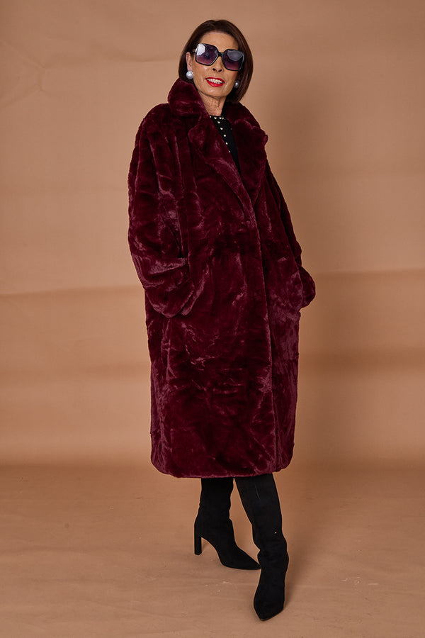 Toronto faux fur long coat in mulberry