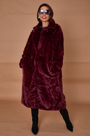 Toronto faux fur long coat in mulberry