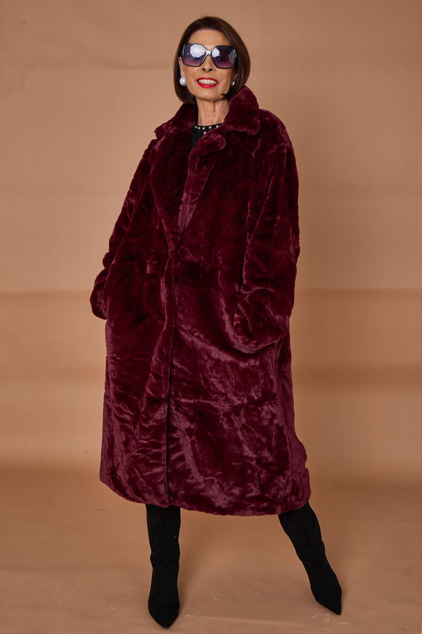 Toronto faux fur long coat in mulberry