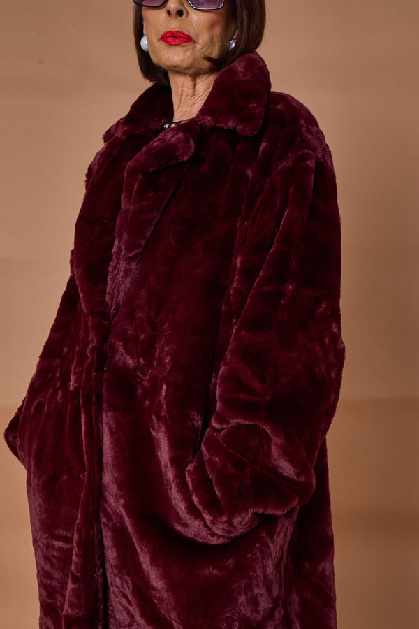 Toronto faux fur long coat in mulberry