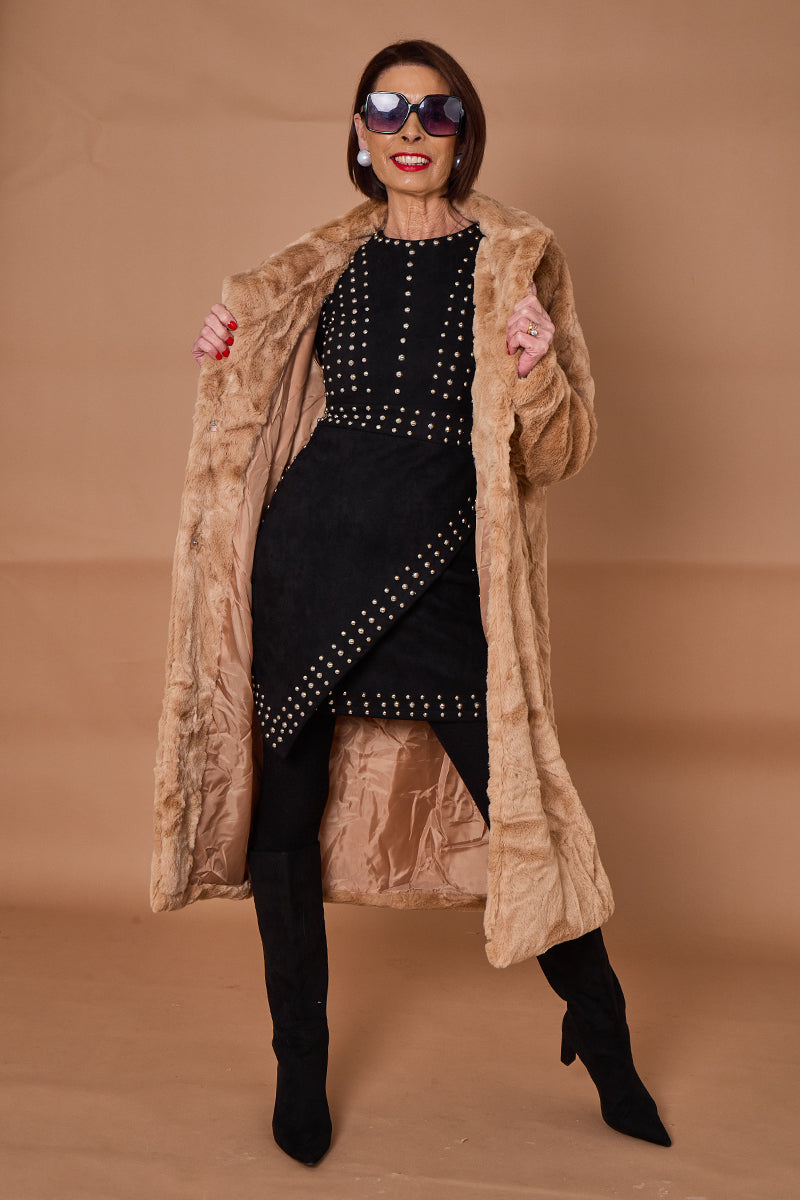 Toronto faux fur long coat in camel