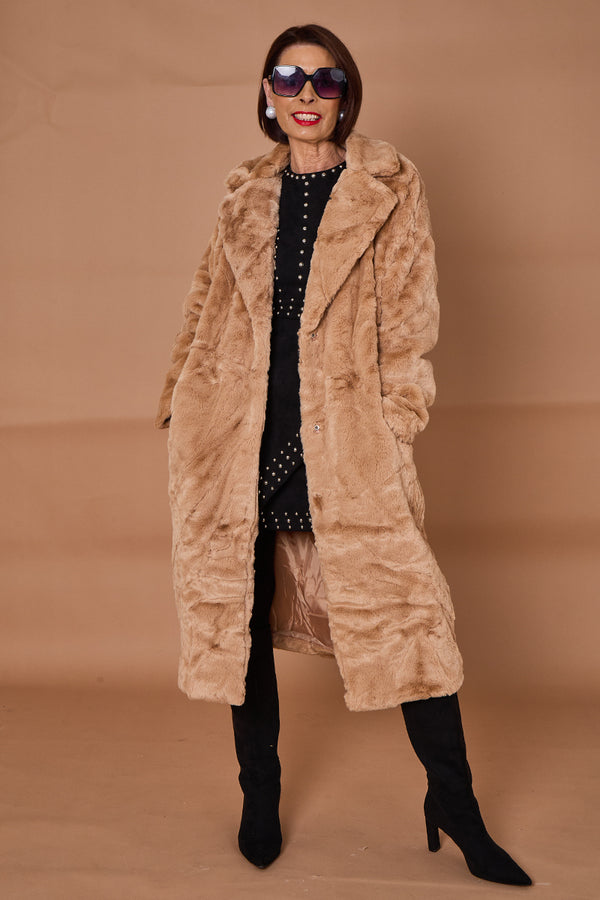 Toronto faux fur long coat in camel