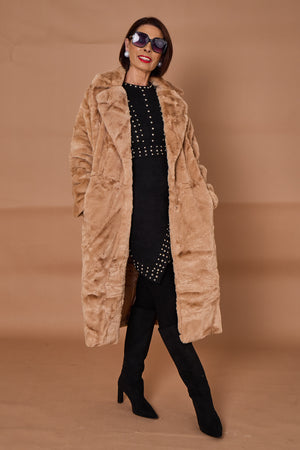 Toronto faux fur long coat in camel