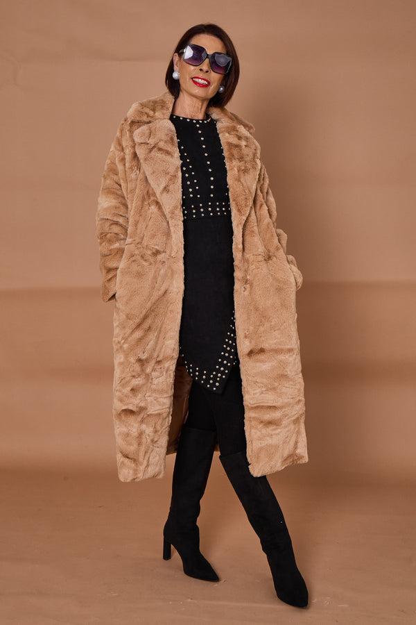 Toronto faux fur long coat in camel