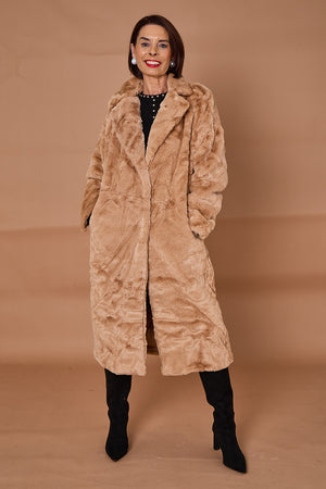 Toronto faux fur long coat in camel