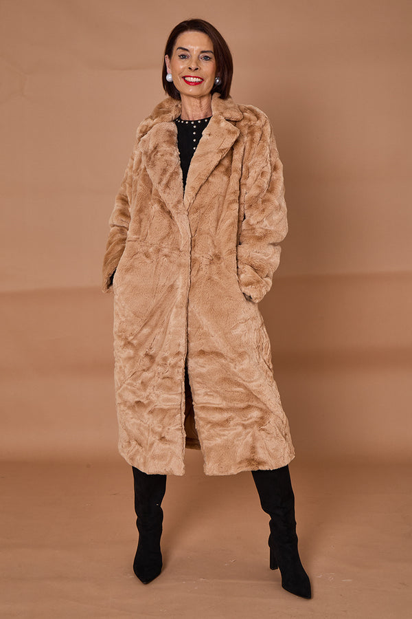 Toronto faux fur long coat in camel