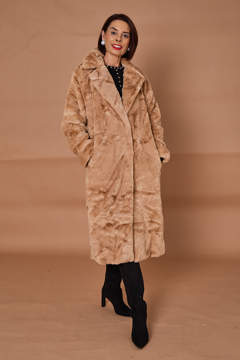 Toronto faux fur long coat in camel