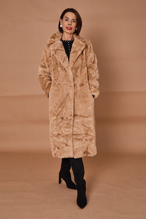 Toronto faux fur long coat in camel