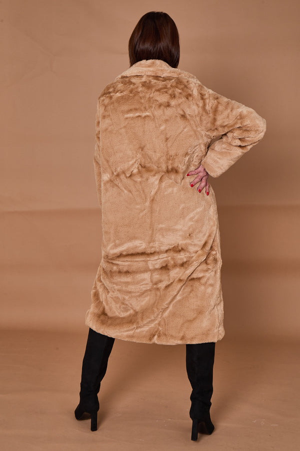 Toronto faux fur long coat in camel