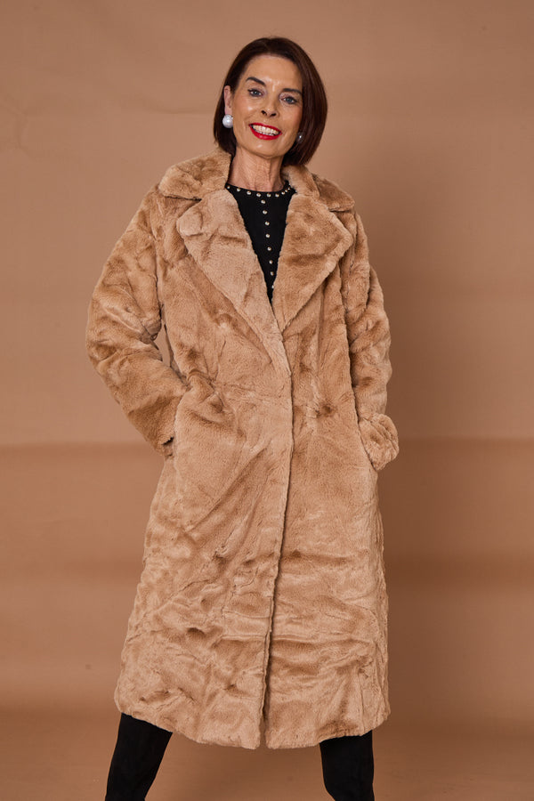 Toronto faux fur long coat in camel