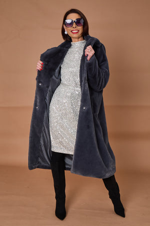 Otawa faux fur long coat in dark grey