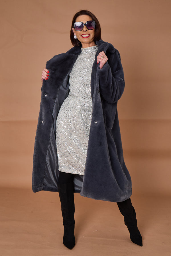 Otawa faux fur long coat in dark grey