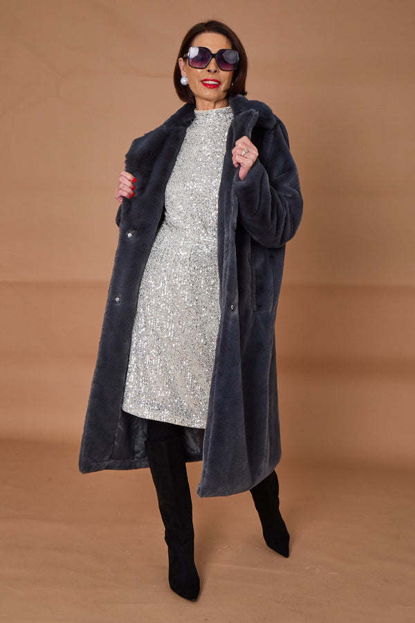 Otawa faux fur long coat in dark grey