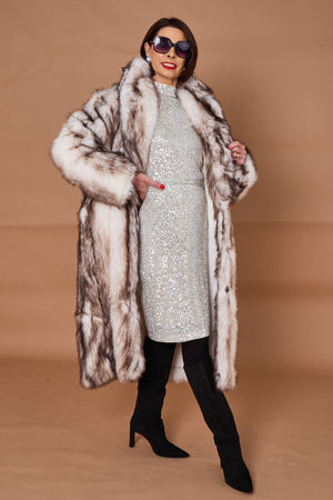 Calgary faux fur long coat in cream and chocolate