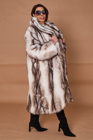 Calgary faux fur long coat in cream and chocolate