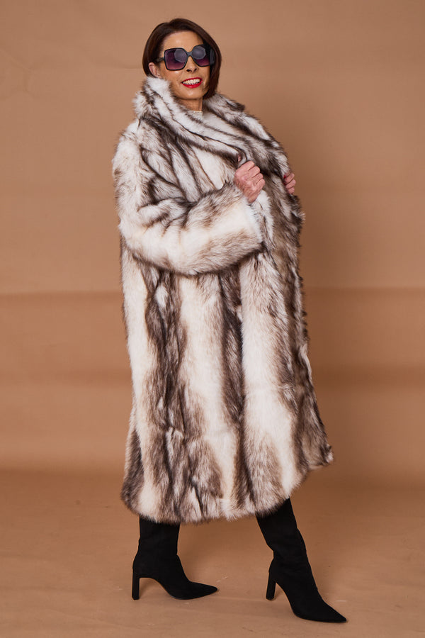 Calgary faux fur long coat in cream and chocolate