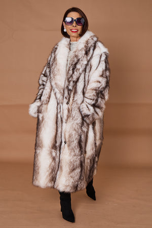 Calgary faux fur long coat in cream and chocolate