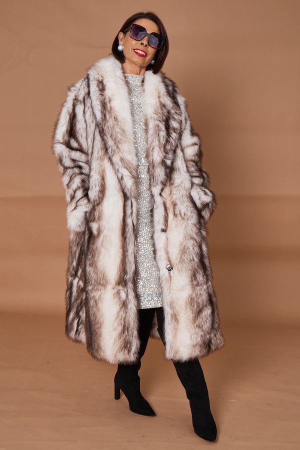 Calgary faux fur long coat in cream and chocolate