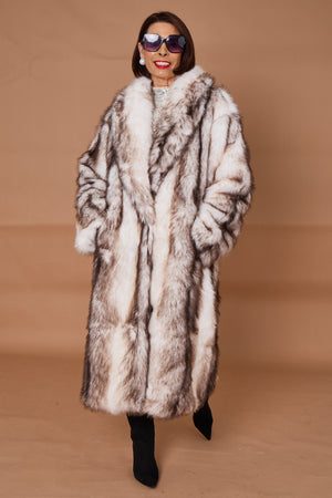 Calgary faux fur long coat in cream and chocolate