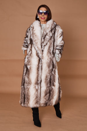 Calgary faux fur long coat in cream and chocolate