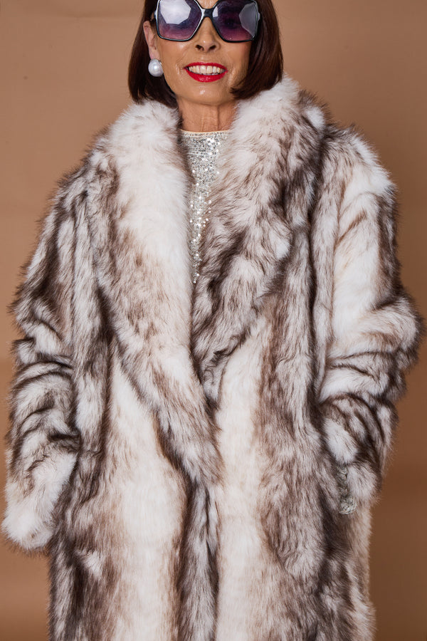 Calgary faux fur long coat in cream and chocolate
