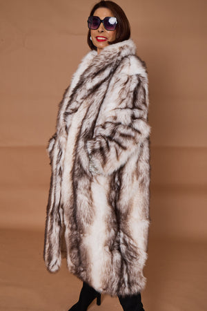 Calgary faux fur long coat in cream and chocolate