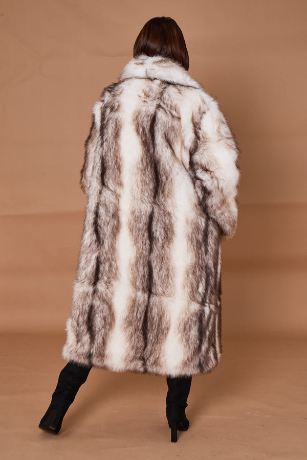 Calgary faux fur long coat in cream and chocolate