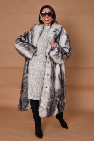 Calgary faux fur long coat in cream and black