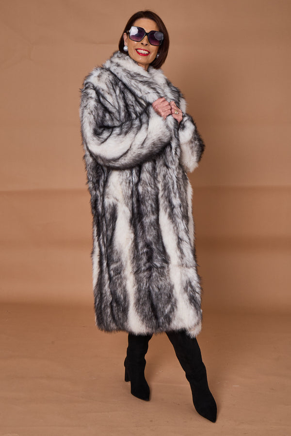 Calgary faux fur long coat in cream and black