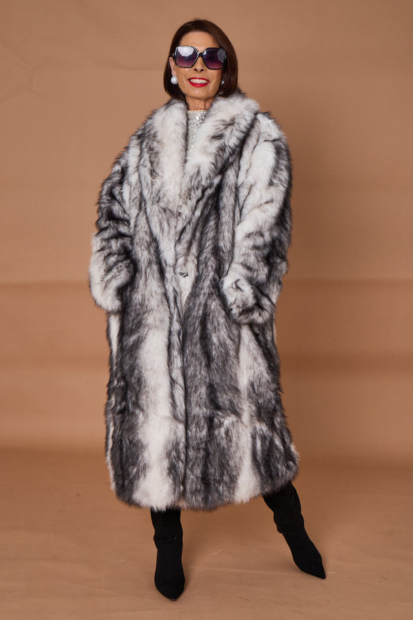 Calgary faux fur long coat in cream and black