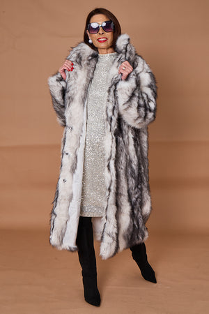 Calgary faux fur long coat in cream and black