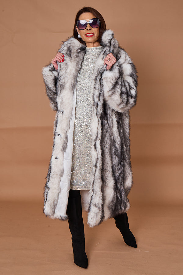 Calgary faux fur long coat in cream and black