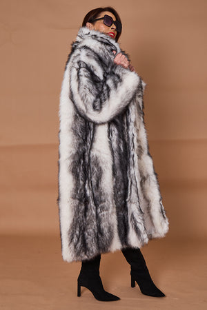 Calgary faux fur long coat in cream and black