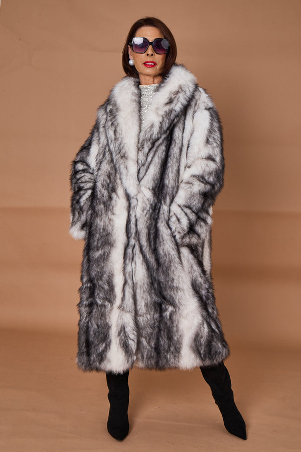 Calgary faux fur long coat in cream and black