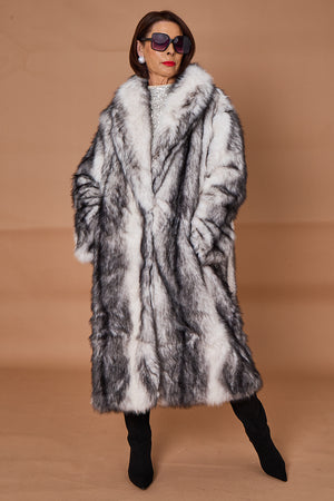 Calgary faux fur long coat in cream and black
