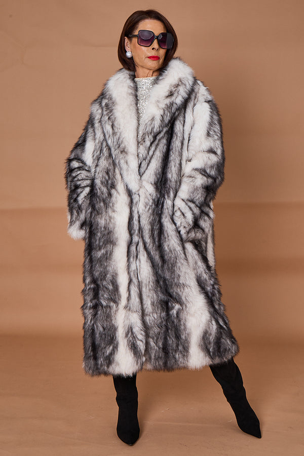 Calgary faux fur long coat in cream and black