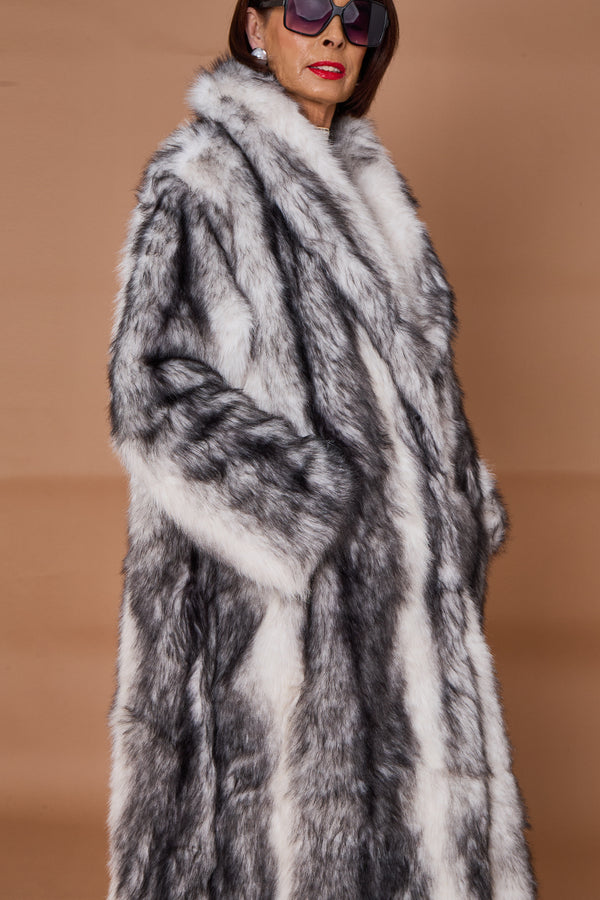 Calgary faux fur long coat in cream and black