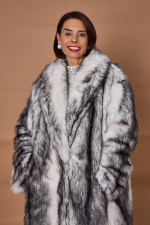 Calgary faux fur long coat in cream and black