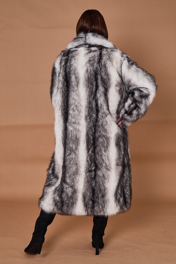 Calgary faux fur long coat in cream and black