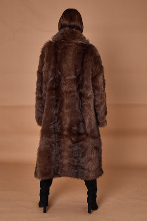 Calgary faux fur long coat in chocolate