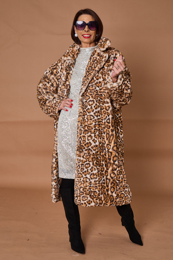Edmonton Faux fur long coat in light leopard