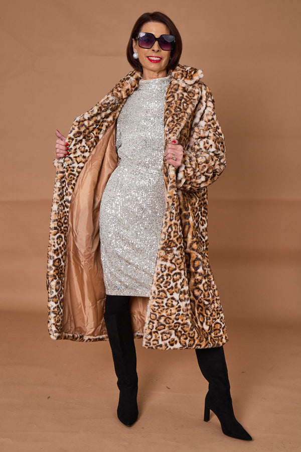 Edmonton Faux fur long coat in light leopard