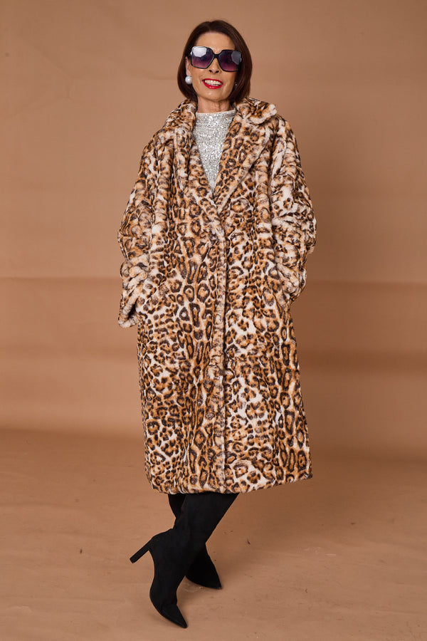Edmonton Faux fur long coat in light leopard
