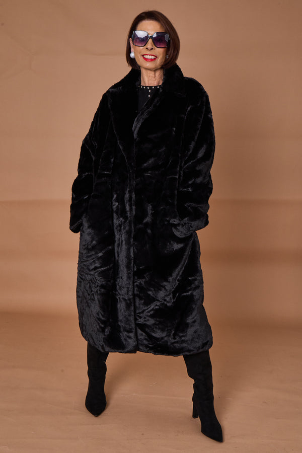 Toronto faux fur long coat in black