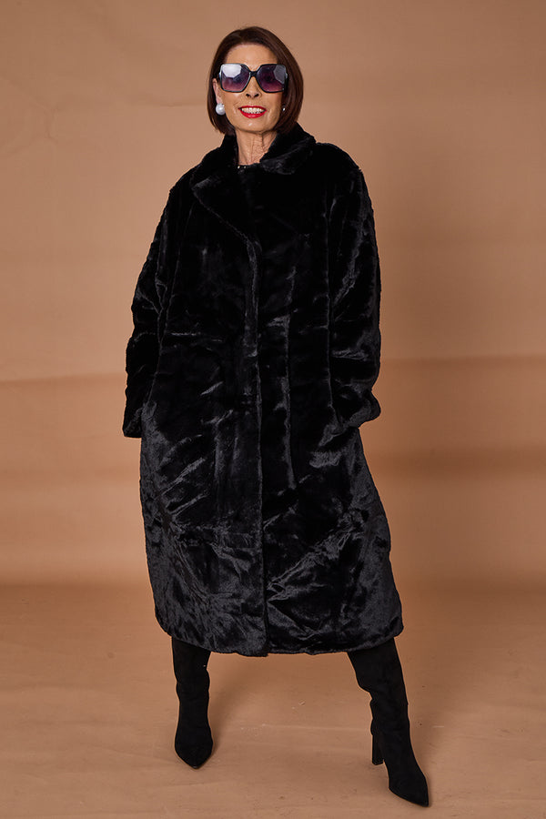 Toronto faux fur long coat in black
