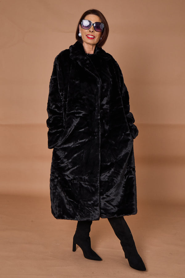 Toronto faux fur long coat in black