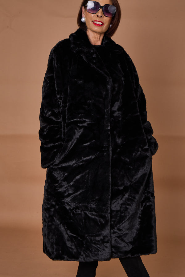 Toronto faux fur long coat in black