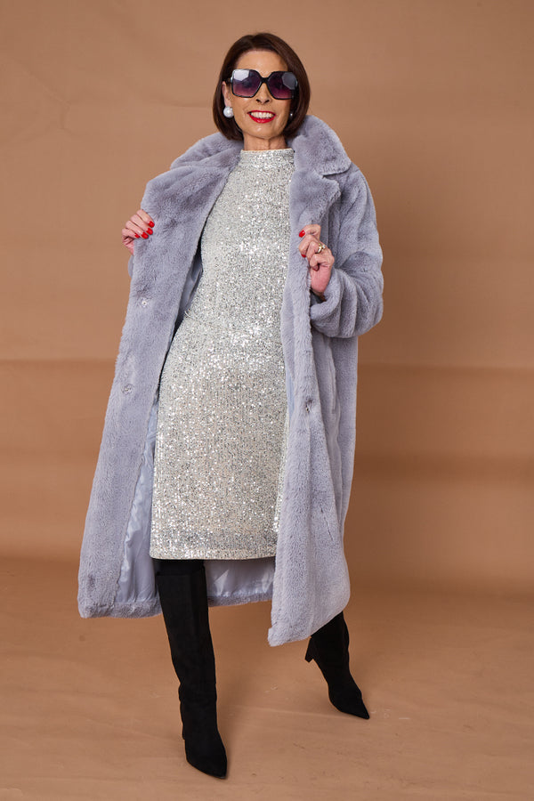 Otawa faux fur long coat in silver grey