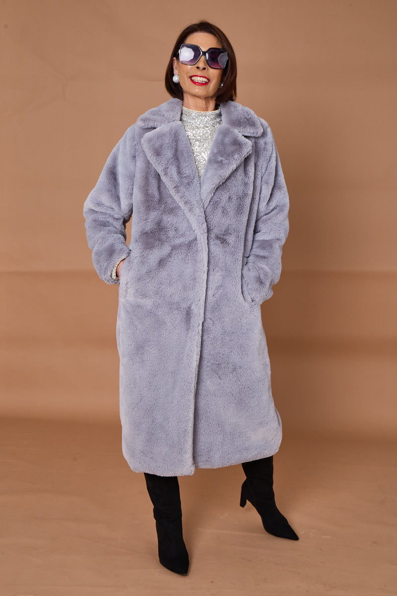 Otawa faux fur long coat in silver grey